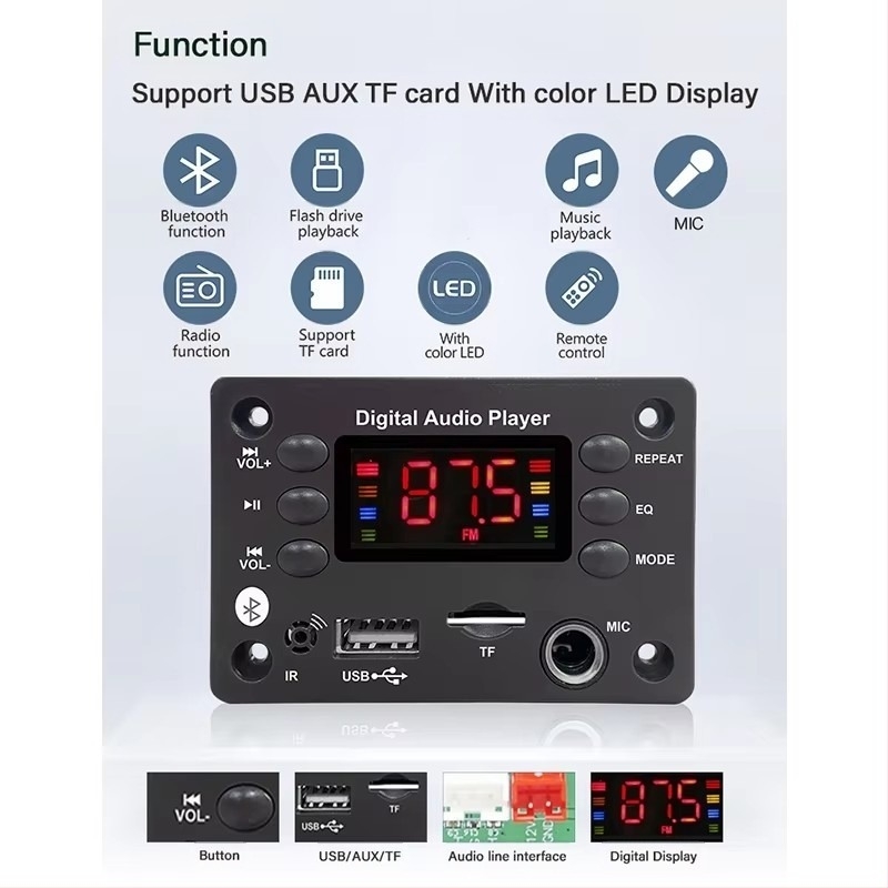 Placă de decodare MP3 Bluetooth, hands-free pentru mașină, microfon audio WMA, radio, player muzical MP3, difuzor