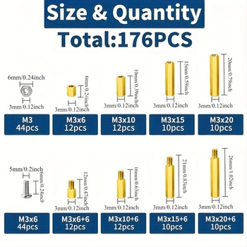 Piuliță hexagonală din cupru, cu o singură și două treceri, din alamă, potrivită pentru coloană, cu cap rotund Phillips, cu granulație mixtă, 176 buc., șurub în cutie
