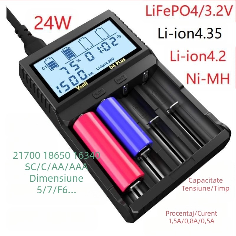 Baterie litiu R4 cu mufă 18650, baterie AA5 Ni-MH, încărcător inteligent 21700LCD, 4 sloturi, măsurare capacitate