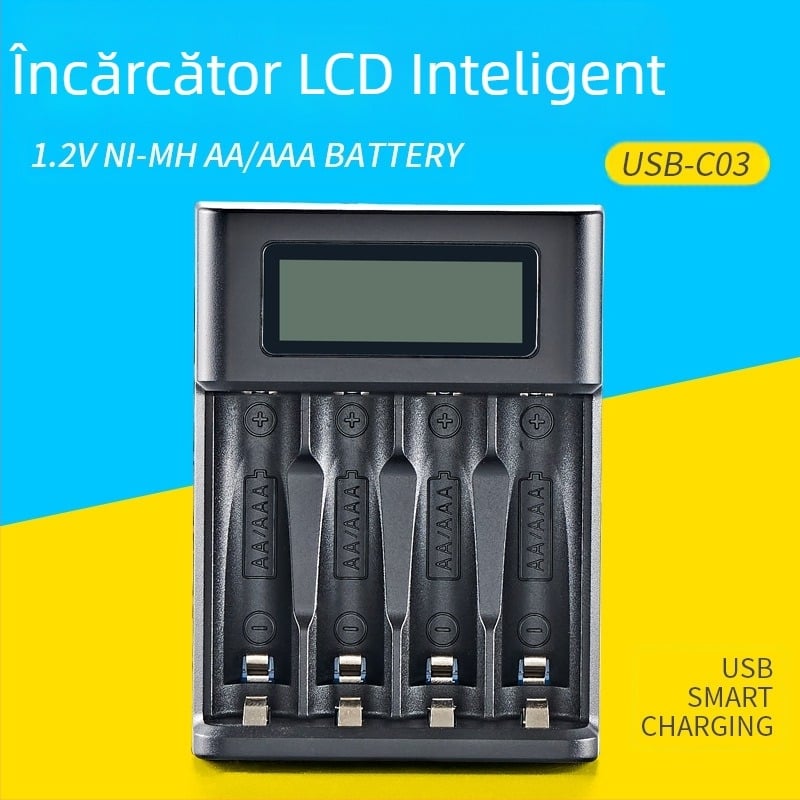 Încărcător ecran LCD nr. 5 nr. 7 Baterie reîncărcabilă Nimm Ni-Mh de mare capacitate 1.2V 4 sloturi Încărcare rapidă inteligentă USB