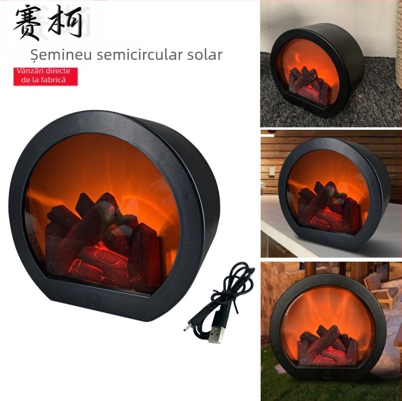 Lampă de vânt cu șemineu cu foc de carbon cu LED-uri semicirculare transfrontaliere, cadou creativ de Crăciun, decorare de grădină pentru curte și încărcare