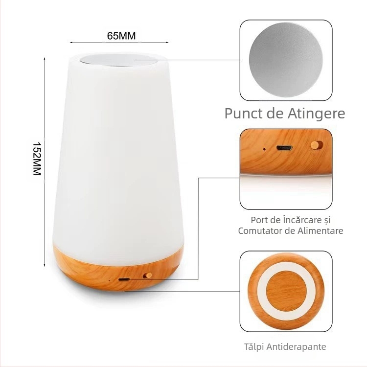 Lampă de noapte cu model de lemn cu încărcare simplă pentru copii, lampă de masă cu protecție a ochilor, lampă de noptieră pentru dormitor