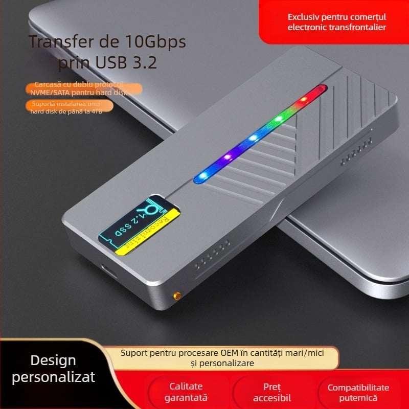 Cutie de hard disk mobilă din aliaj de aluminiu cu protocol dual m.2 SSD NVME/NGFF cu afișaj inteligent transfrontalier