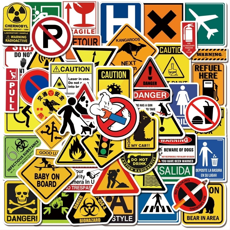 50 de autocolante cu semne de avertizare, semne de avertizare, logo-uri, decorațiuni pentru skateboard, pahare de apă, autocolante graffiti impermeabile
