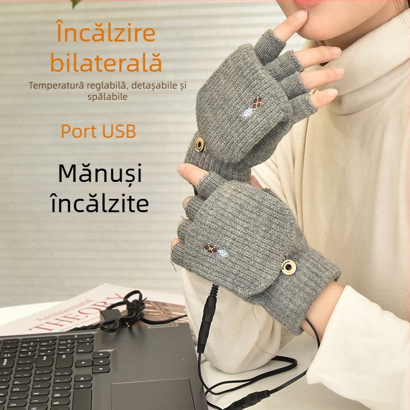 Mănuși de încălzire USB Warm Boom, deget deschis, plush hand heater, încălzire pe două fețe, mănuși electrice calde, detașabile și lavabile, încărcare treasure