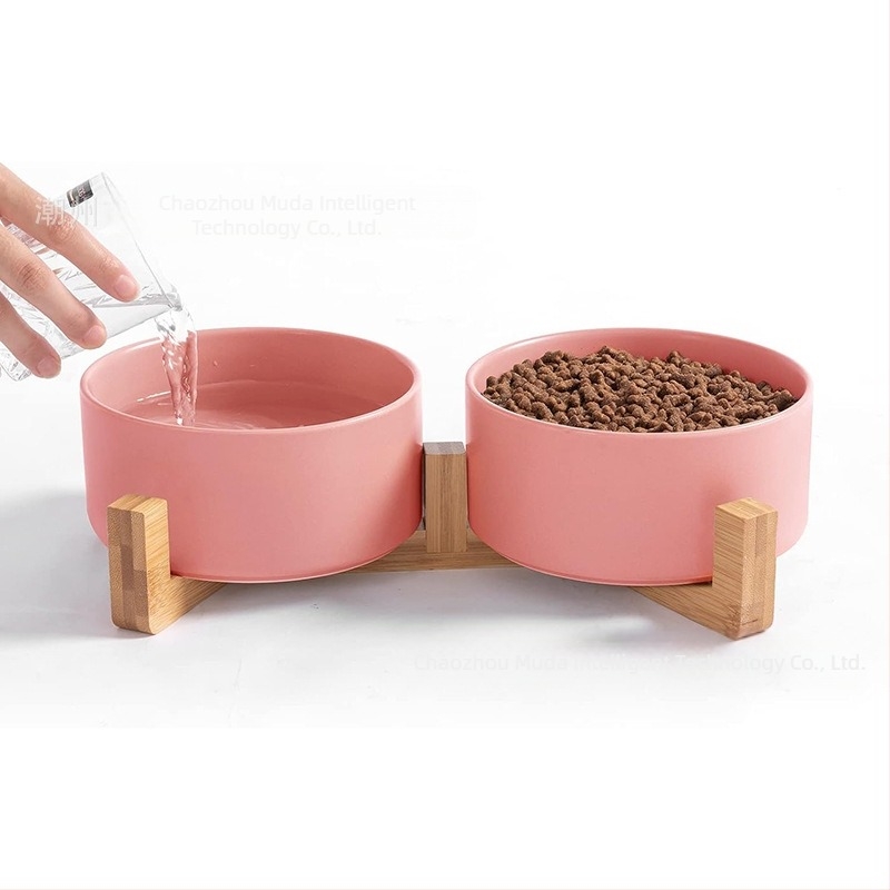 Bol pentru pisici, ceramică, bazin pentru hrană pentru animale de companie, bol pentru câini, bol pentru apă, cadru dublu din lemn, elevat, pisică, mediu și mic, provizii pentru câini, bol dublu, comerț exterior