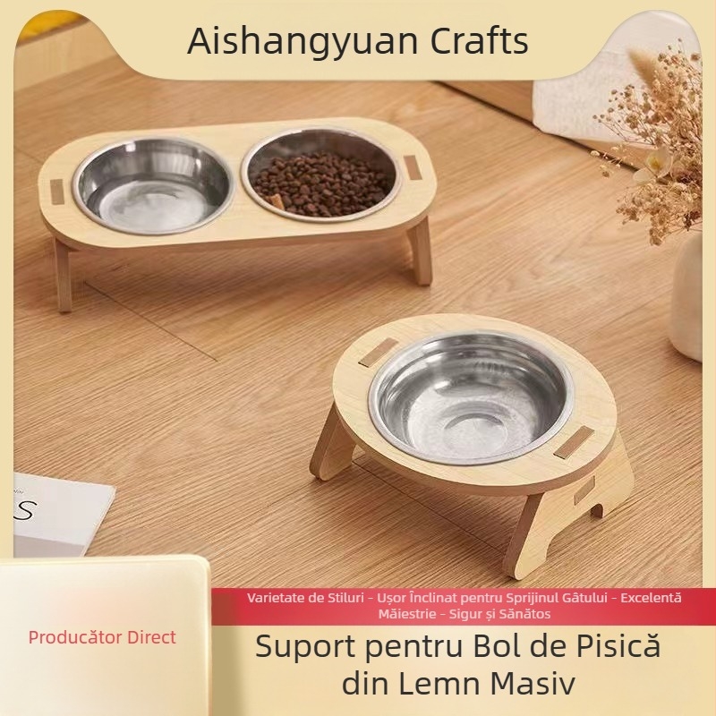 Bazin pentru hrană pentru pisici, bol pentru pisici, bazin pentru hrană pentru pisici, protecție pentru gâtul anti-șoc, bol dublu, protecție pentru gâtul pisicii, bazin pentru hrană din lemn masiv pentru câini mici