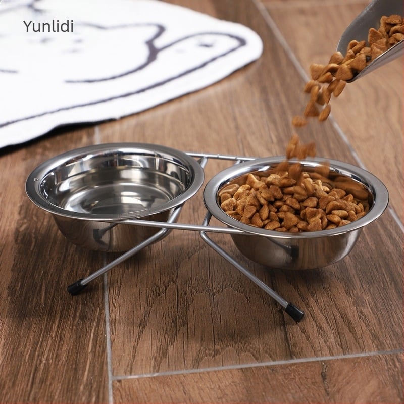 Bol pentru pisici, oțel inoxidabil, bol pentru animale de companie, bol dublu integrat transfrontalier, protecție pentru gât, bol pentru hrană pentru pisici, articole pentru animale de companie, suport pentru bol din fier