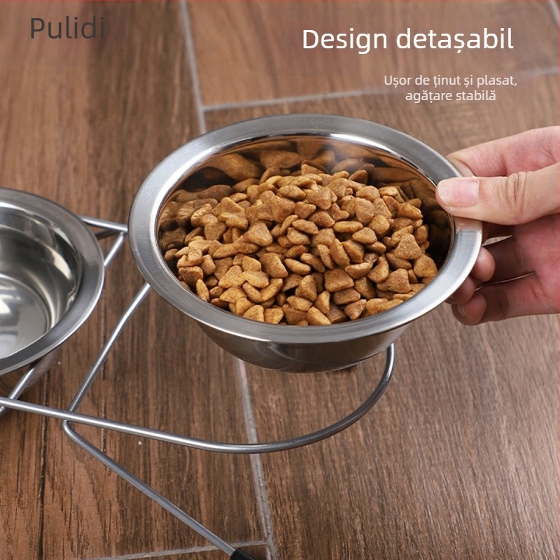 Bol pentru pisici, oțel inoxidabil, bol pentru animale de companie, bol dublu integrat transfrontalier, protecție pentru gât, bol pentru hrană pentru pisici, articole pentru animale de companie, suport pentru bol din fier