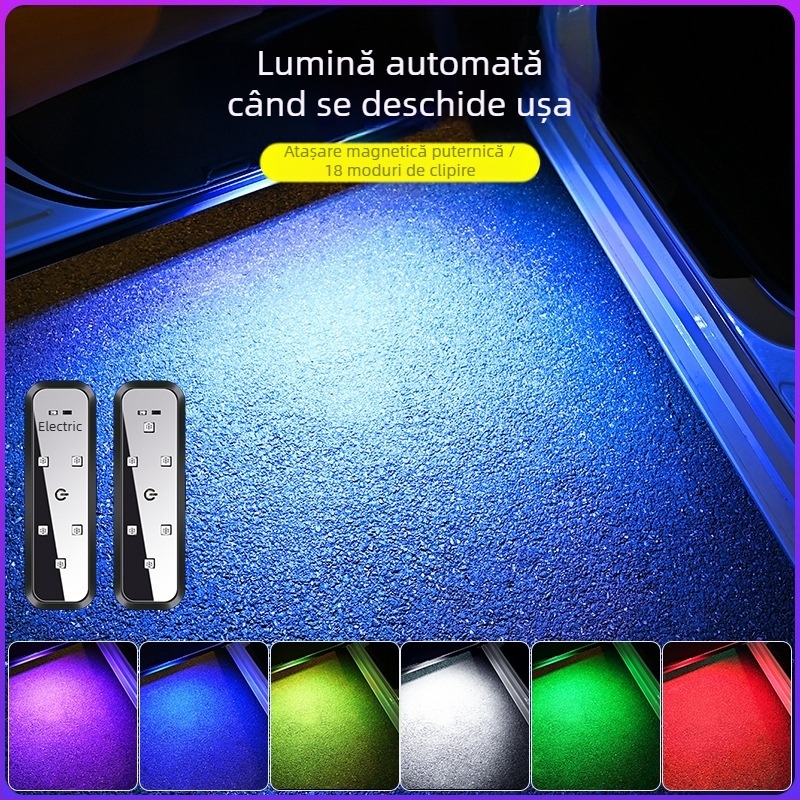 Lumină de avertizare auto, lumină anti-coliziune, iluminare ușă fără cablare, lumină ambientală LED intermitentă colorată, design fără cablare