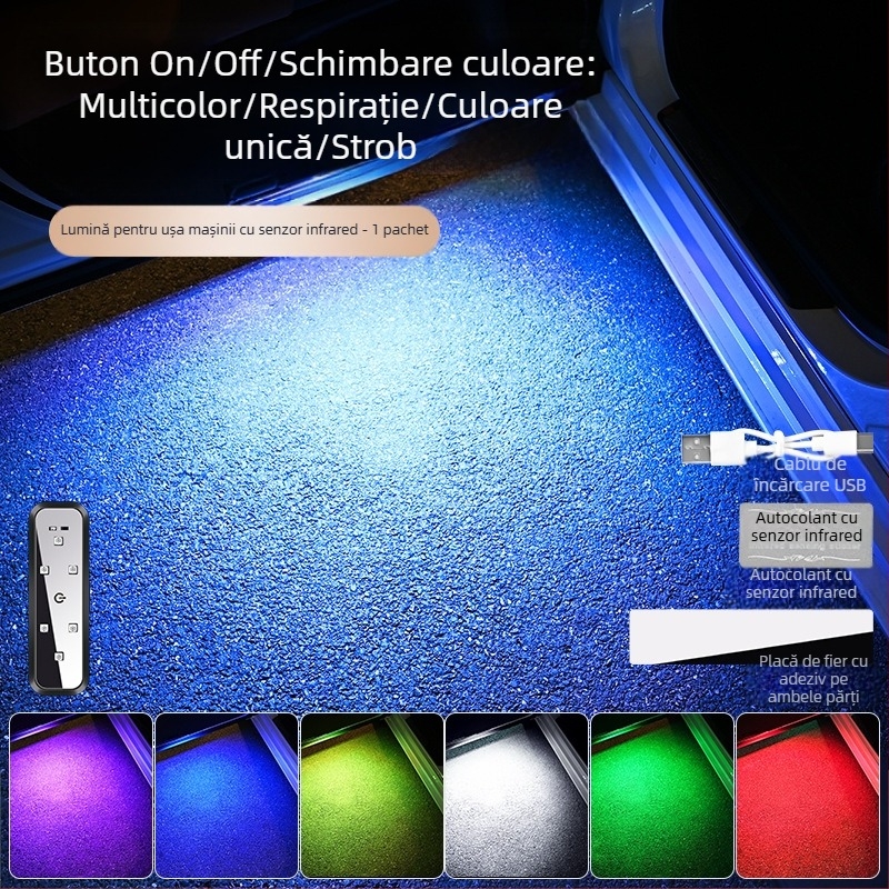 Lumină de avertizare auto, lumină anti-coliziune, iluminare ușă fără cablare, lumină ambientală LED intermitentă colorată, design fără cablare