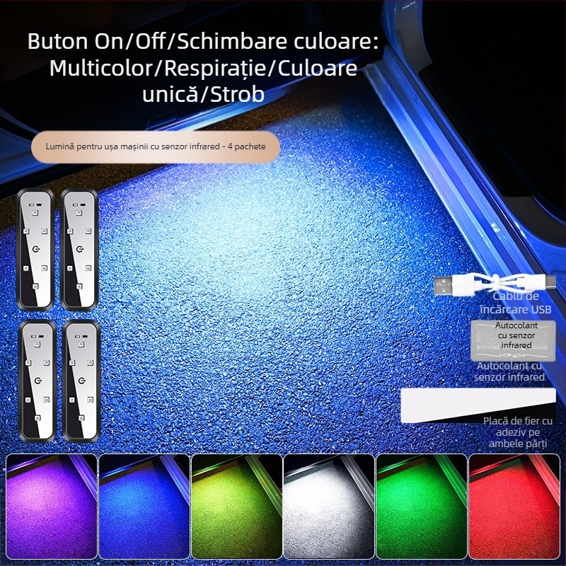 Lumină de avertizare auto, lumină anti-coliziune, iluminare ușă fără cablare, lumină ambientală LED intermitentă colorată, design fără cablare