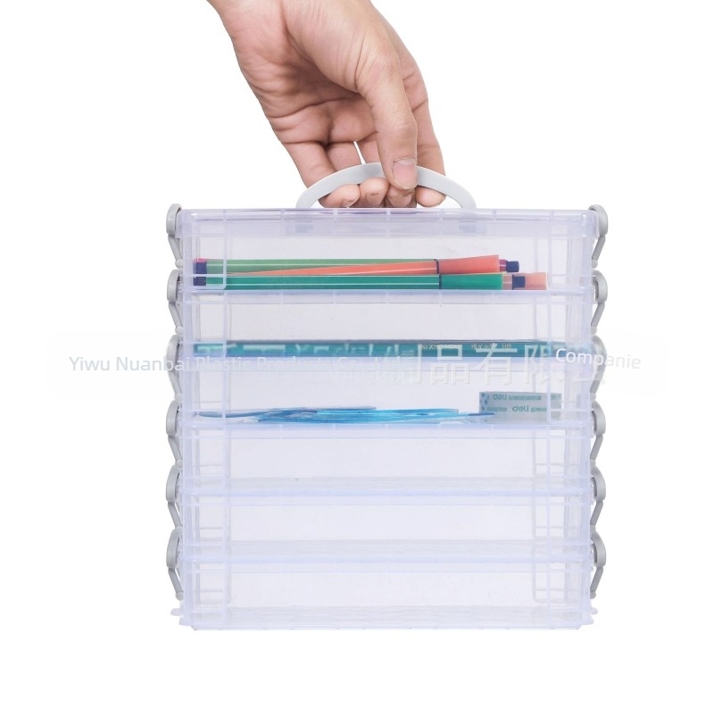 Geantă cu 6 straturi pentru creioane colorate, cutie de depozitare pentru pixuri cu acuarelă, cutie de depozitare pentru papetărie stivuibilă și detașabilă, cutie din plastic