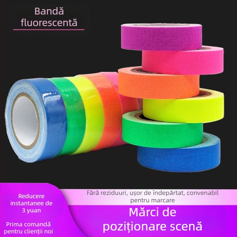 Bandă textilă fluorescentă UV, marcaj pentru echipe de fotografie, recuzită, poziționare scenă, număr de marcaj, bandă textilă rezistentă la uzură, cu adeziv ridicat
