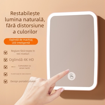 Oglindă cosmetică cu lampă reîncărcabilă cu LED, ruj pudră, oglindă de înfrumusețare cu dublă utilizare, pliabilă față-verso, portabilă