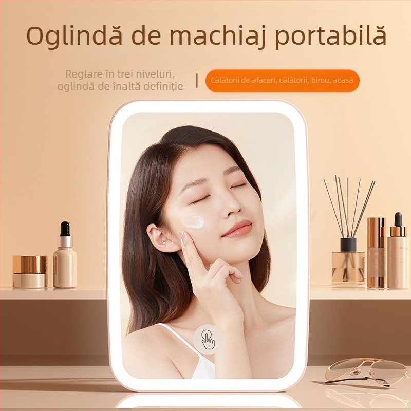 Oglindă cosmetică cu lampă reîncărcabilă cu LED, ruj pudră, oglindă de înfrumusețare cu dublă utilizare, pliabilă față-verso, portabilă