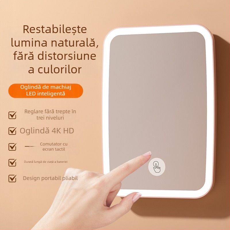 Oglindă cosmetică cu lampă reîncărcabilă cu LED, ruj pudră, oglindă de înfrumusețare cu dublă utilizare, pliabilă față-verso, portabilă