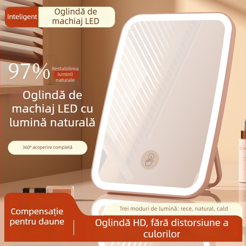 Oglindă cosmetică cu lampă reîncărcabilă cu LED, ruj pudră, oglindă de înfrumusețare cu dublă utilizare, pliabilă față-verso, portabilă