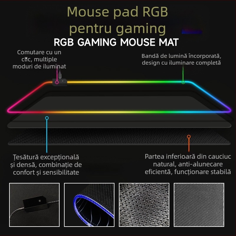 Pad de mouse antiderapant pentru jocuri RGB, cu iluminare din spate cu LED-uri multicolore, 400 x 900 mm, din cauciuc sintetic, furnizare exclusivă transfrontalieră
