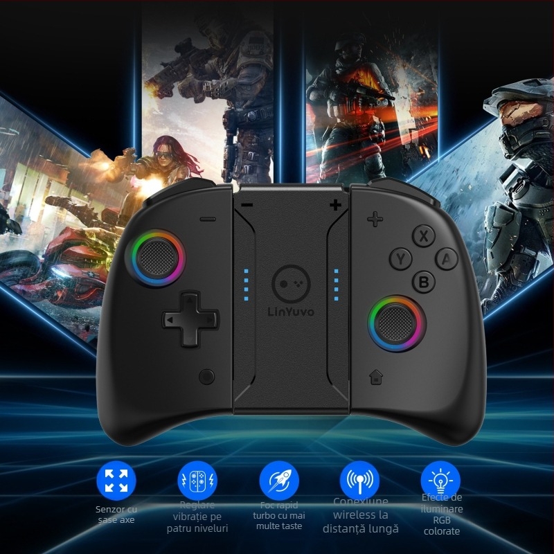 LinYuvo Lianyou switch gamepad în linie cu lumină RGB colorată, taste basculante metalice, mânere stânga și dreapta