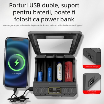 Încărcător de baterii litiu 18650, încărcare rapidă multifuncțională, energie solară pentru exterior, încărcător inteligent cu patru sloturi 26650