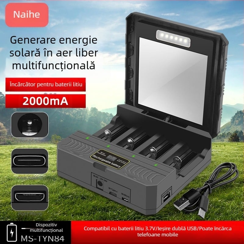 Încărcător de baterii litiu 18650, încărcare rapidă multifuncțională, energie solară pentru exterior, încărcător inteligent cu patru sloturi 26650