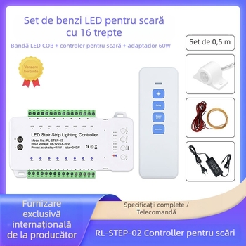 Controler de inducție umană pentru scări, controler de lumină pentru scări + 16 bare luminoase de 0,5 m + set de alimentare controler