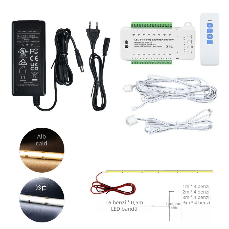 Controler de inducție umană pentru scări, controler de lumină pentru scări + 16 bare luminoase de 0,5 m + set de alimentare controler