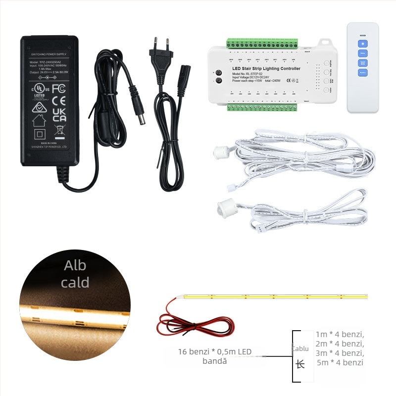 Controler de inducție umană pentru scări, controler de lumină pentru scări + 16 bare luminoase de 0,5 m + set de alimentare controler