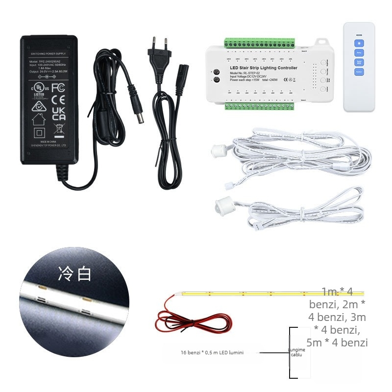 Controler de inducție umană pentru scări, controler de lumină pentru scări + 16 bare luminoase de 0,5 m + set de alimentare controler