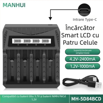 Încărcător de baterii USB cu ecran LCD, afișaj inteligent pentru baterii AA/AAA 18650 26650 21700, încărcător