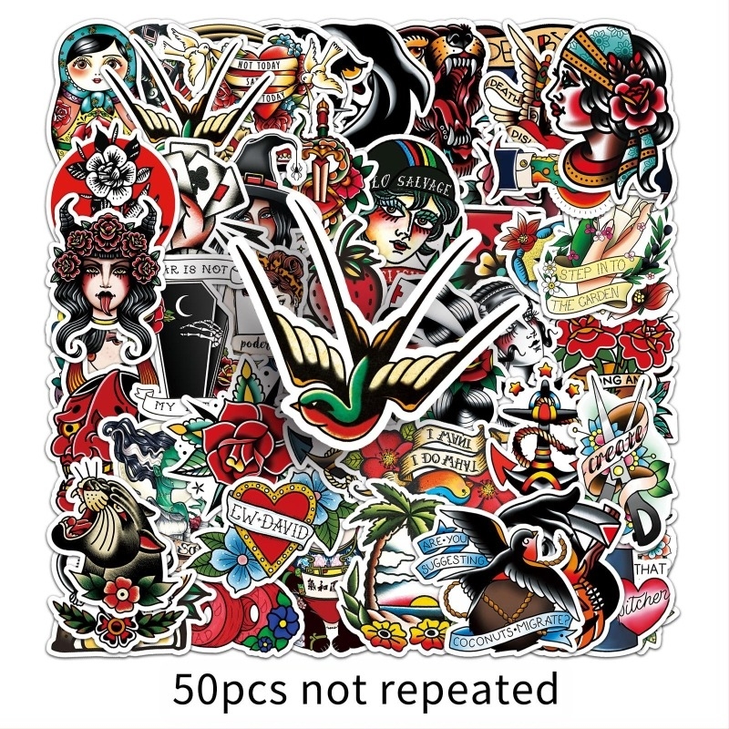 50 de autocolante decorative pentru laptop, bagaje, scuter, cu design de tatuaje cu personalitate în stil Ins, 50 de bucăți