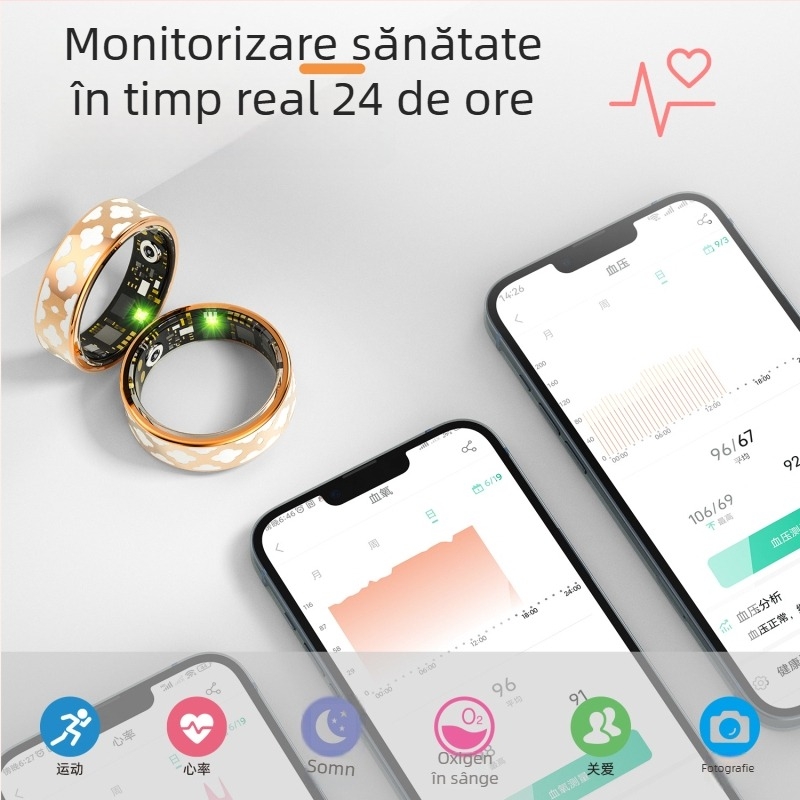 Inel inteligent cu tehnologie neagră transfrontalieră, contor de ritm cardiac, oxigen în sânge, pas cu pas, telecomandă impermeabilă, inel inteligent pentru sănătate foto