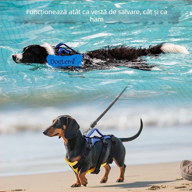Vestă de salvare pentru câini, ham reglabil pentru piept și spate pentru câini de plimbare, ham de salvare cu dublă utilizare pentru înot la câini