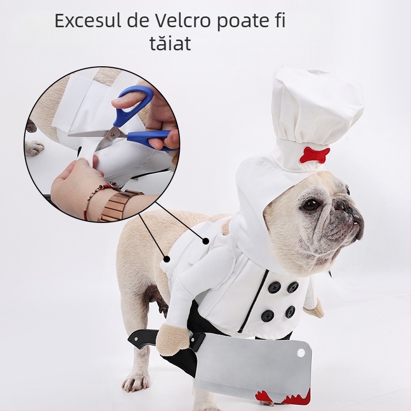 Costum de transformare amuzant de buldog francez Bichon, simulare de animale de companie, uniformă de bucătar cu cuțit pentru pisici și câini, set de ținute de Halloween cu două picioare