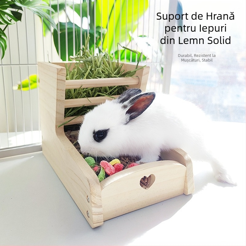 Hrănire iepuri pentru animale de companie, suport pentru iarbă, hrănire porcușor de Guineea, chinchilla, iepure, suport din lemn două-în-unu pentru iarbă, prevenirea deșeurilor, încorporat, poate fi fixat