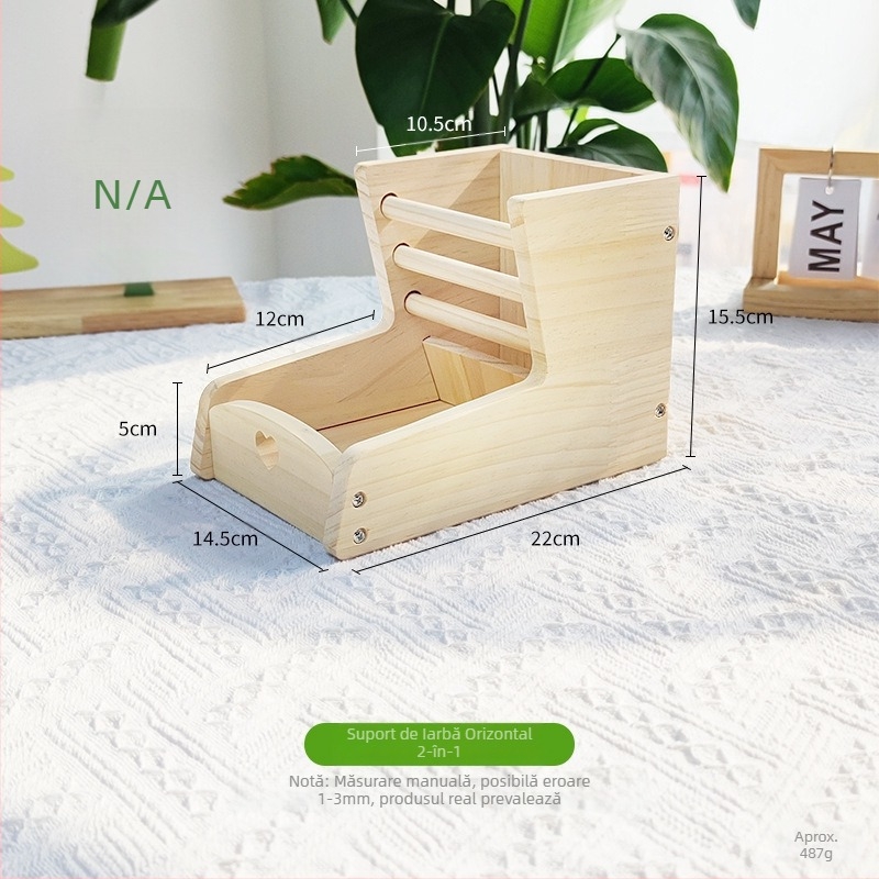 Hrănire iepuri pentru animale de companie, suport pentru iarbă, hrănire porcușor de Guineea, chinchilla, iepure, suport din lemn două-în-unu pentru iarbă, prevenirea deșeurilor, încorporat, poate fi fixat