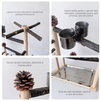 Suport interactiv de dresaj pentru papagali mari, jucărie din lemn pentru papagali, scară cu ramură, jurnal, suport rotativ pentru păsări, suport combinat cu pol