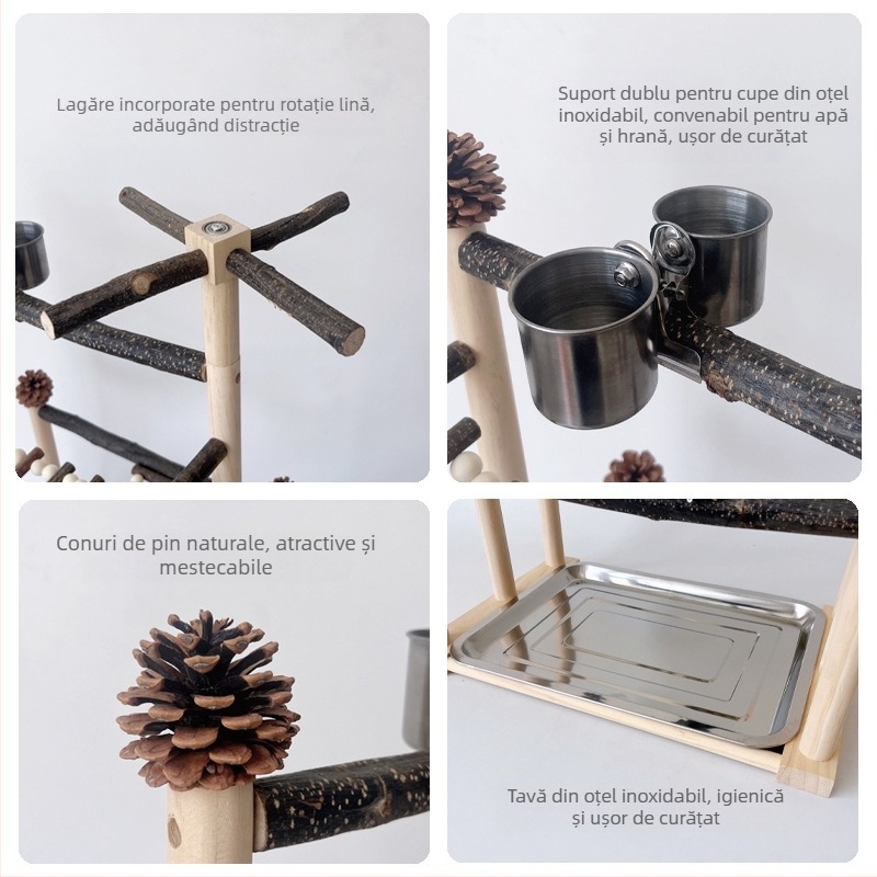 Suport interactiv de dresaj pentru papagali mari, jucărie din lemn pentru papagali, scară cu ramură, jurnal, suport rotativ pentru păsări, suport combinat cu pol