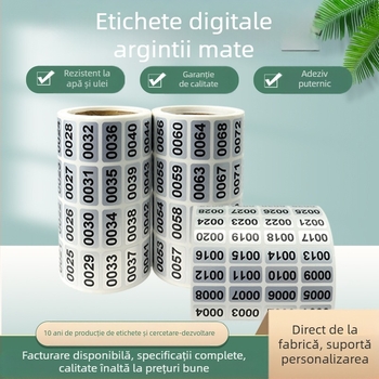 Etichetă digitală argintie mută, rezistentă la zgârieturi, impermeabilă, rezistentă la ulei, rolă de etichetă cu număr de serie