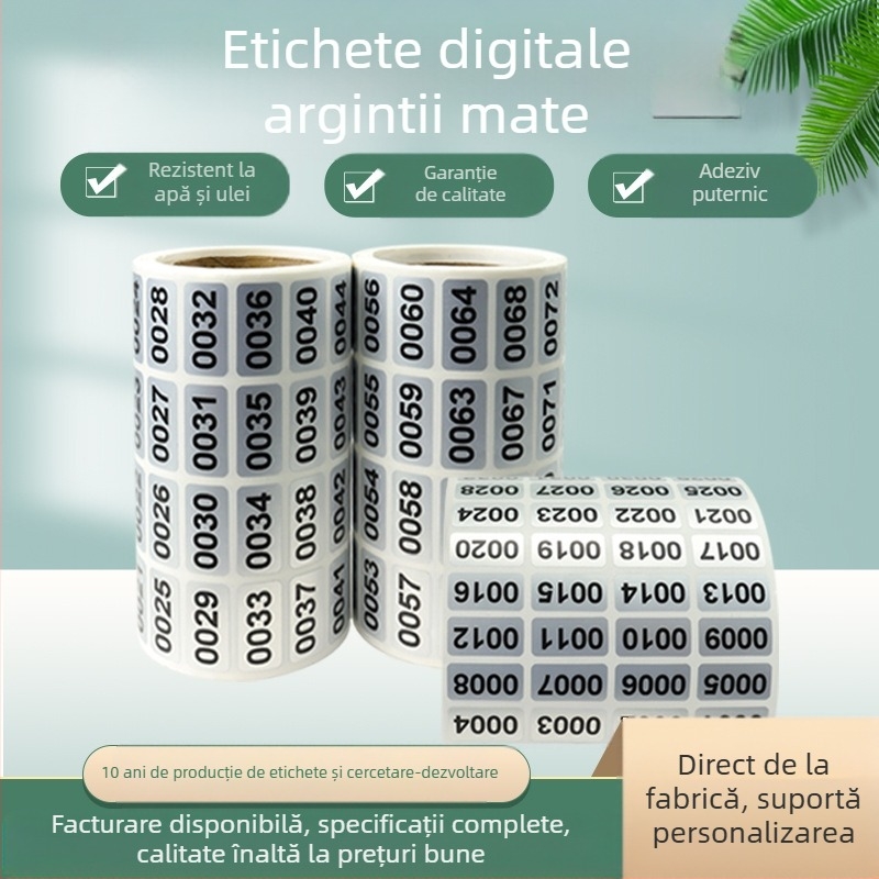 Etichetă digitală argintie mută, rezistentă la zgârieturi, impermeabilă, rezistentă la ulei, rolă de etichetă cu număr de serie