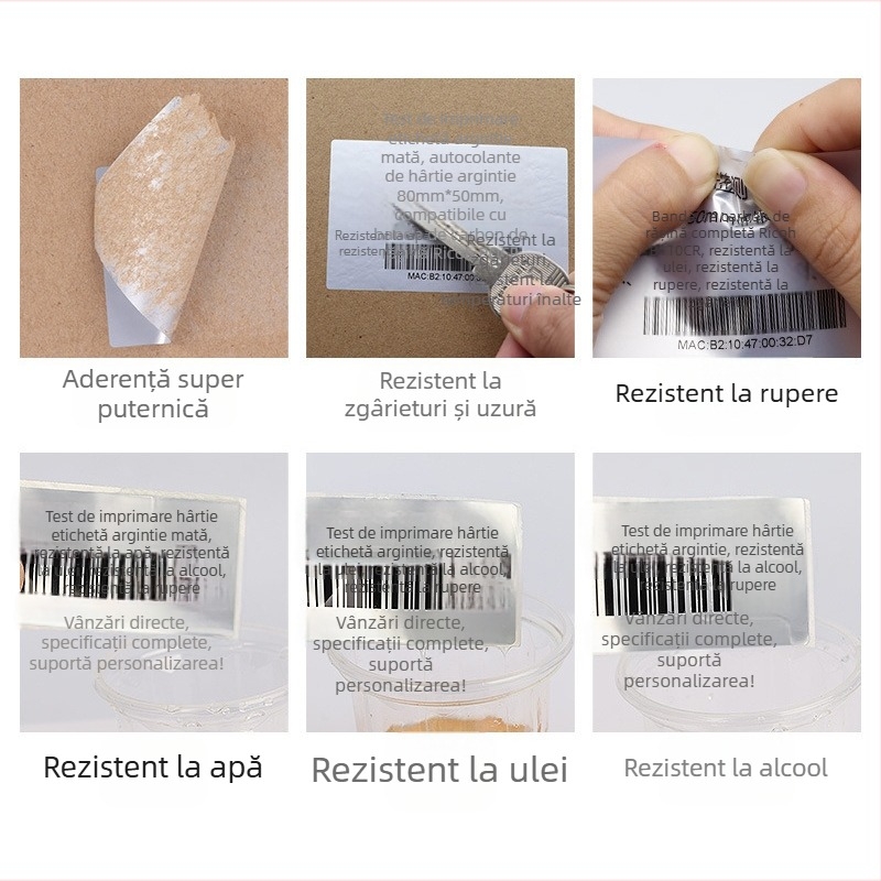 Etichetă digitală argintie mută, rezistentă la zgârieturi, impermeabilă, rezistentă la ulei, rolă de etichetă cu număr de serie