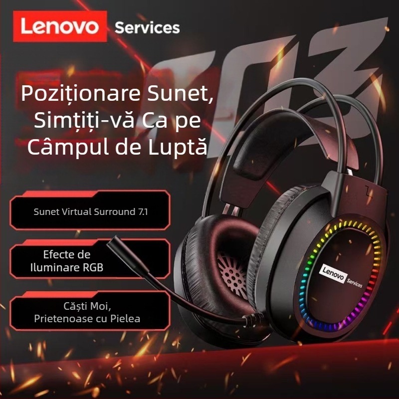 Căști cu microfon Lenovo E03Services, USB, pentru desktop, notebook, internet cafe, jocuri e-sport