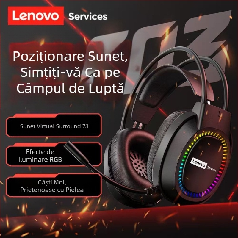 Căști cu microfon Lenovo E03Services, USB, pentru desktop, notebook, internet cafe, jocuri e-sport
