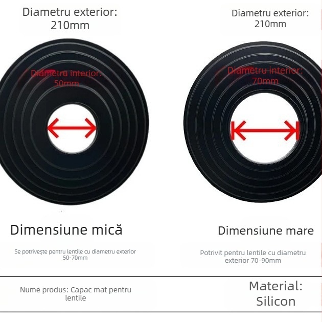 Capac extinctor aplicabil, parasolar obiectiv cameră SLR, capac din silicon, 50-70mm, 70-90mm