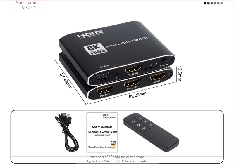 Produs nou 2025 Comutator HDMI 2.1 3X1 din aliaj de aluminiu, model ultra-subțire cu Ir 8K la 60Hz
