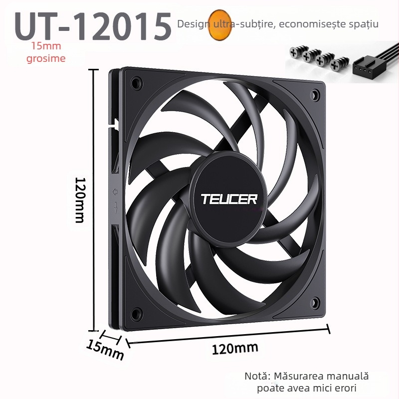 Ventilator subțire Teucer 12015, șasiu computer desktop, negru, grosime 15 mm, control temperatură, radiator CPU silențios