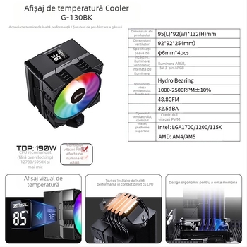 Ventilator silențios cu control al temperaturii Argb transfrontalier, afișaj digital pentru temperatura procesorului, răcit cu aer, radiator