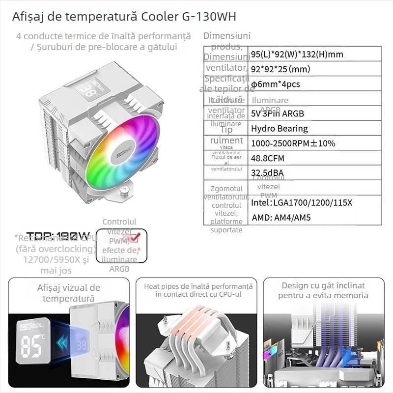 Ventilator silențios cu control al temperaturii Argb transfrontalier, afișaj digital pentru temperatura procesorului, răcit cu aer, radiator