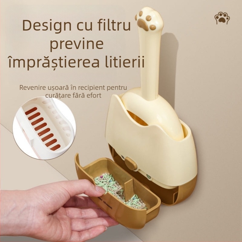 Lopată pentru așternut pentru pisici, montată pe perete, cu două culori, cu specificații duble, design două în unu, montat pe perete, pentru o depozitare mai convenabilă și un design de dezodorizare mai eficient.